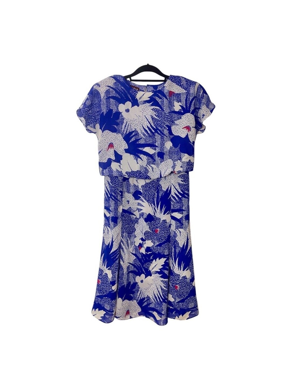 VTG Raoul Dress 8 Blue White Floral Blouson Short Sleeve Midi 70s 80s Vintage